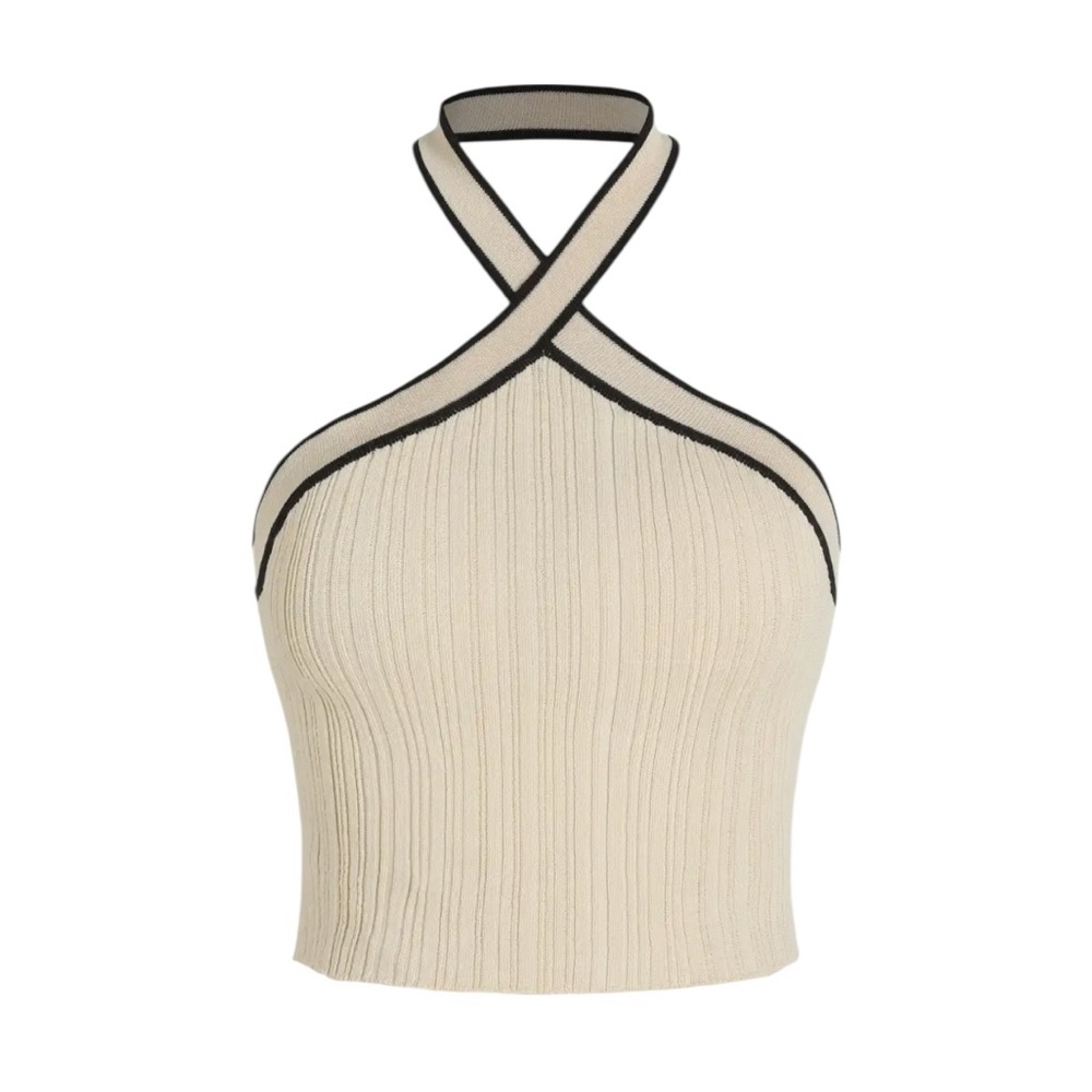 Cider Cream Ribbed Halter Crop Top with Black Trim